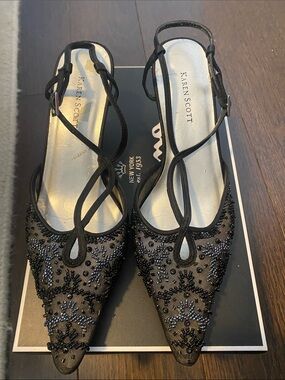 Karen Scott Black Beaded Lacepoint Slingback Heels